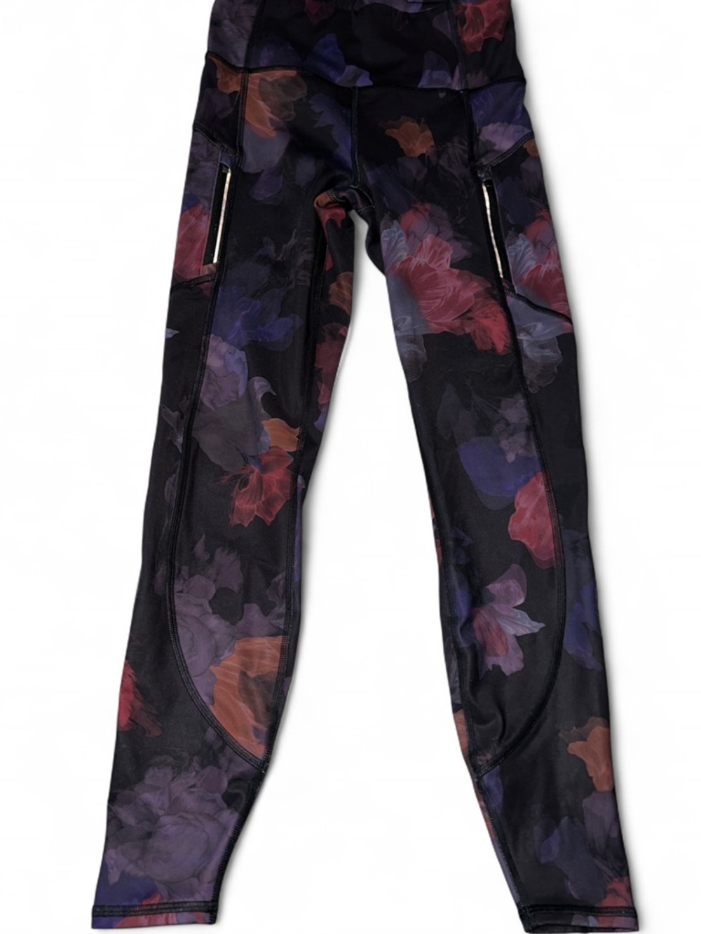 Athleta Black Hi-waisted Leggings with Purple & Pink Floral Pattern